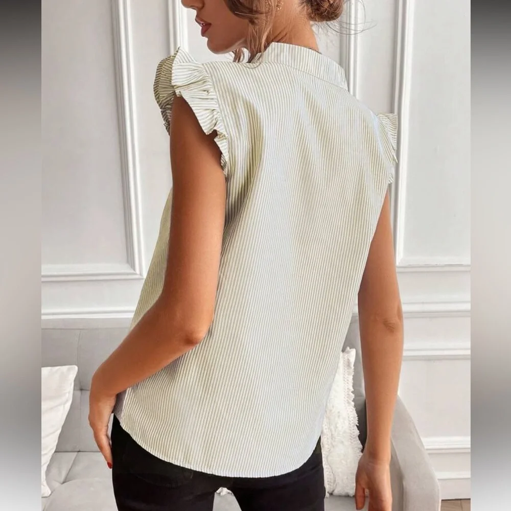 Khaki Striped Notched Neck Ruffle Sleeve Top_3